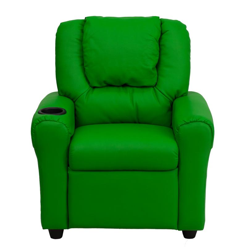 Contemporary Green Vinyl Kids Recliner with Cup Holder and Headrest. Picture 4