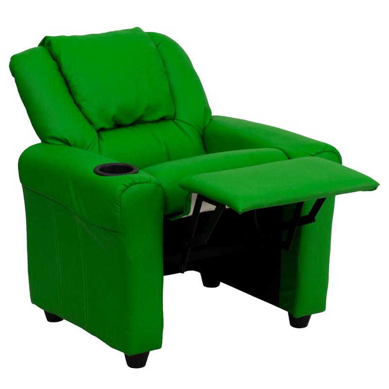 Contemporary Green Vinyl Kids Recliner with Cup Holder and Headrest. Picture 5