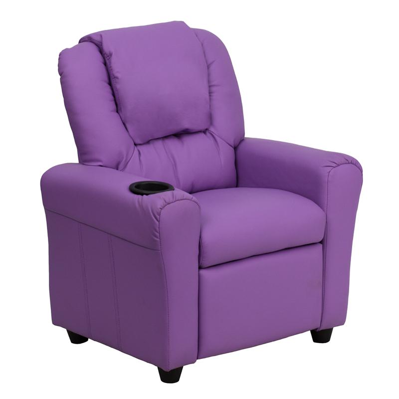 Contemporary Lavender Vinyl Kids Recliner with Cup Holder and Headrest. Picture 1