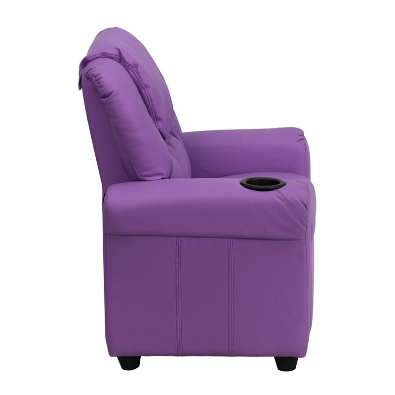 Contemporary Lavender Vinyl Kids Recliner with Cup Holder and Headrest. Picture 2
