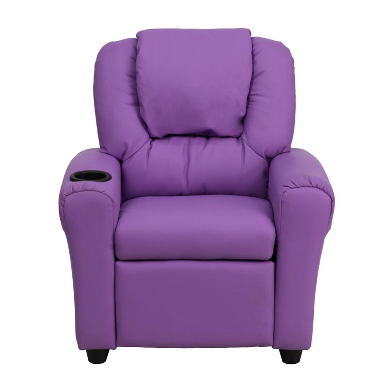 Contemporary Lavender Vinyl Kids Recliner with Cup Holder and Headrest. Picture 4