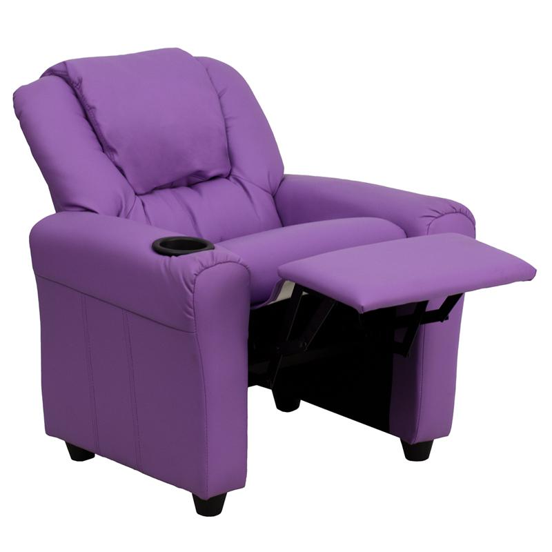 Contemporary Lavender Vinyl Kids Recliner with Cup Holder and Headrest. Picture 5