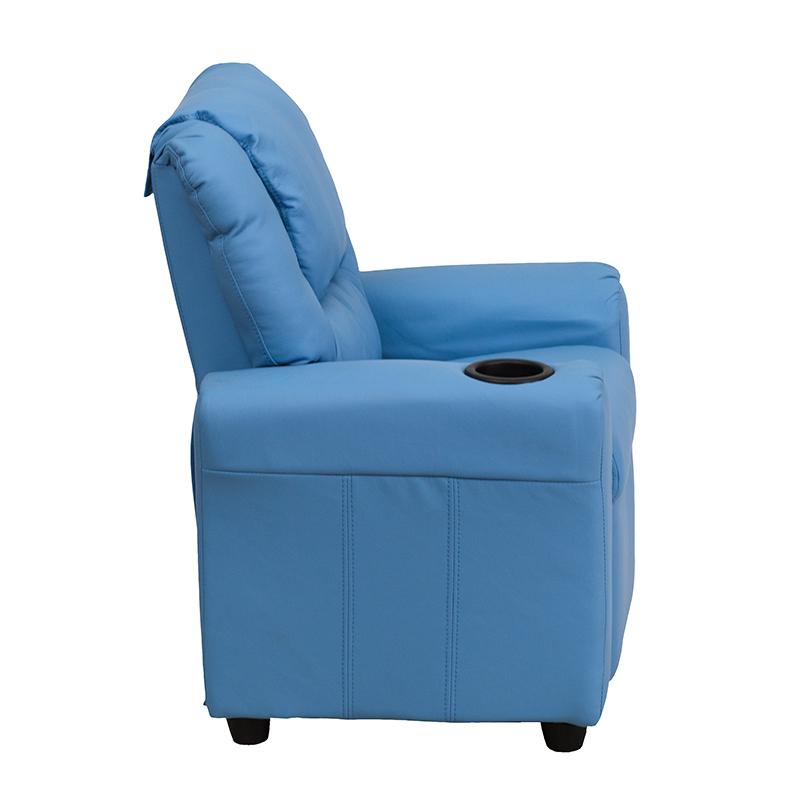 Contemporary Light Blue Vinyl Kids Recliner with Cup Holder and Headrest. Picture 2