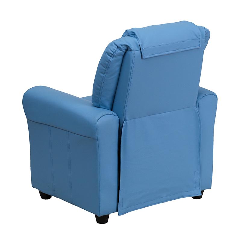 Contemporary Light Blue Vinyl Kids Recliner with Cup Holder and Headrest. Picture 3