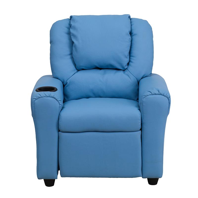 Contemporary Light Blue Vinyl Kids Recliner with Cup Holder and Headrest. Picture 4