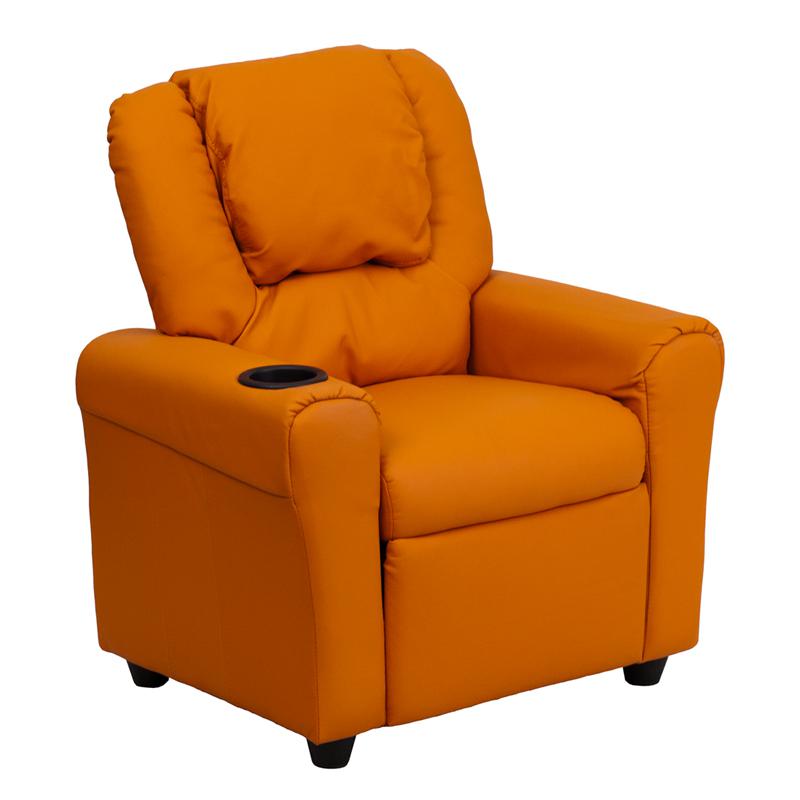 Contemporary Orange Vinyl Kids Recliner with Cup Holder and Headrest. Picture 1