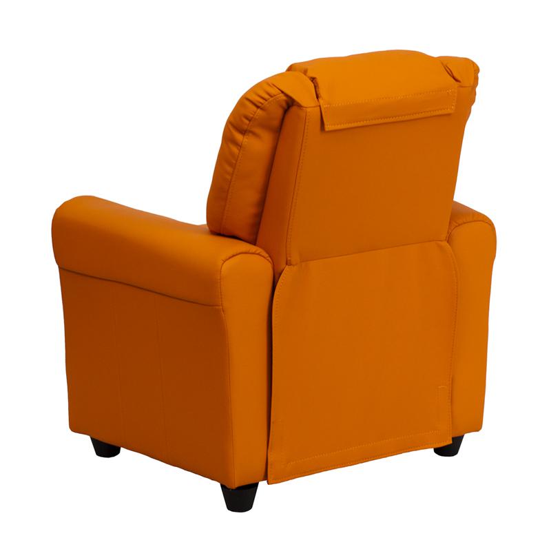 Contemporary Orange Vinyl Kids Recliner with Cup Holder and Headrest. Picture 3