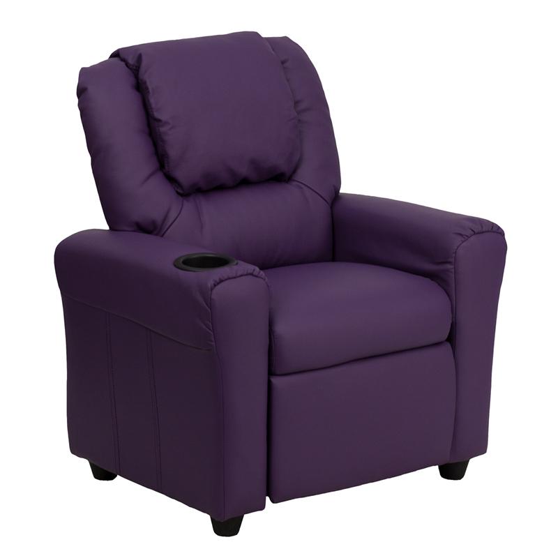 Contemporary Purple Vinyl Kids Recliner with Cup Holder and Headrest. Picture 1