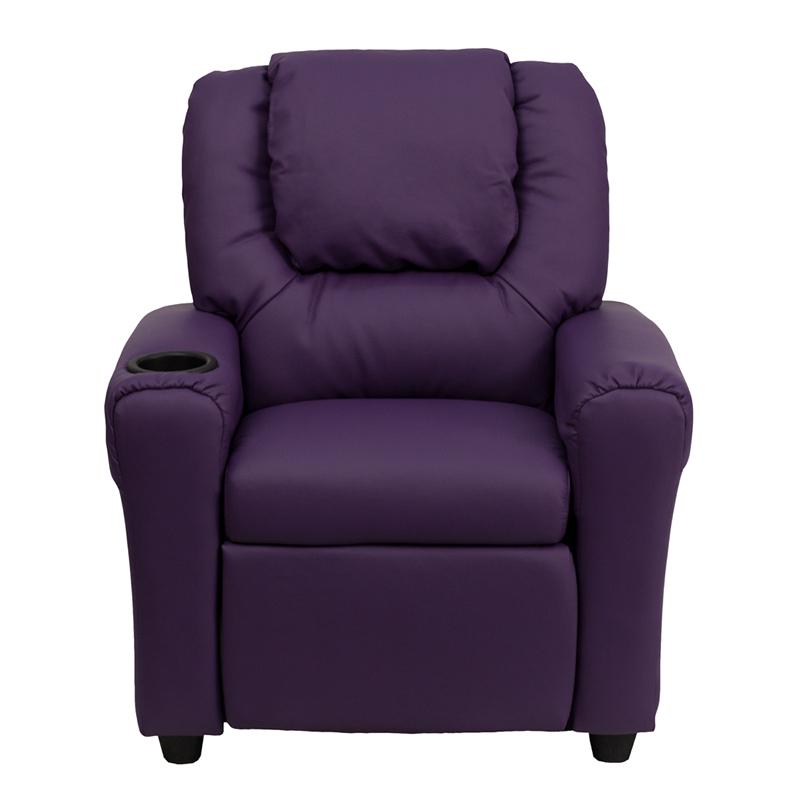 Contemporary Purple Vinyl Kids Recliner with Cup Holder and Headrest. Picture 4