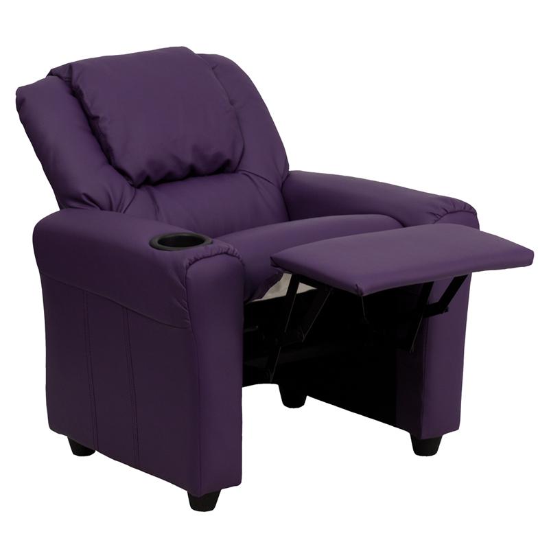 Contemporary Purple Vinyl Kids Recliner with Cup Holder and Headrest. Picture 5