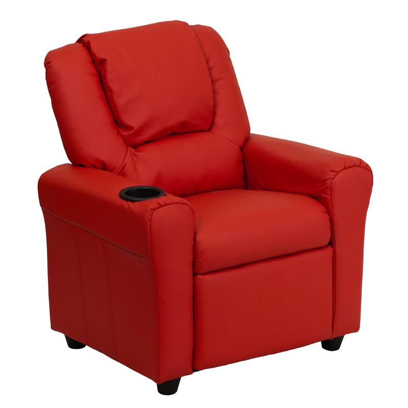 Contemporary Red Vinyl Kids Recliner with Cup Holder and Headrest. The main picture.