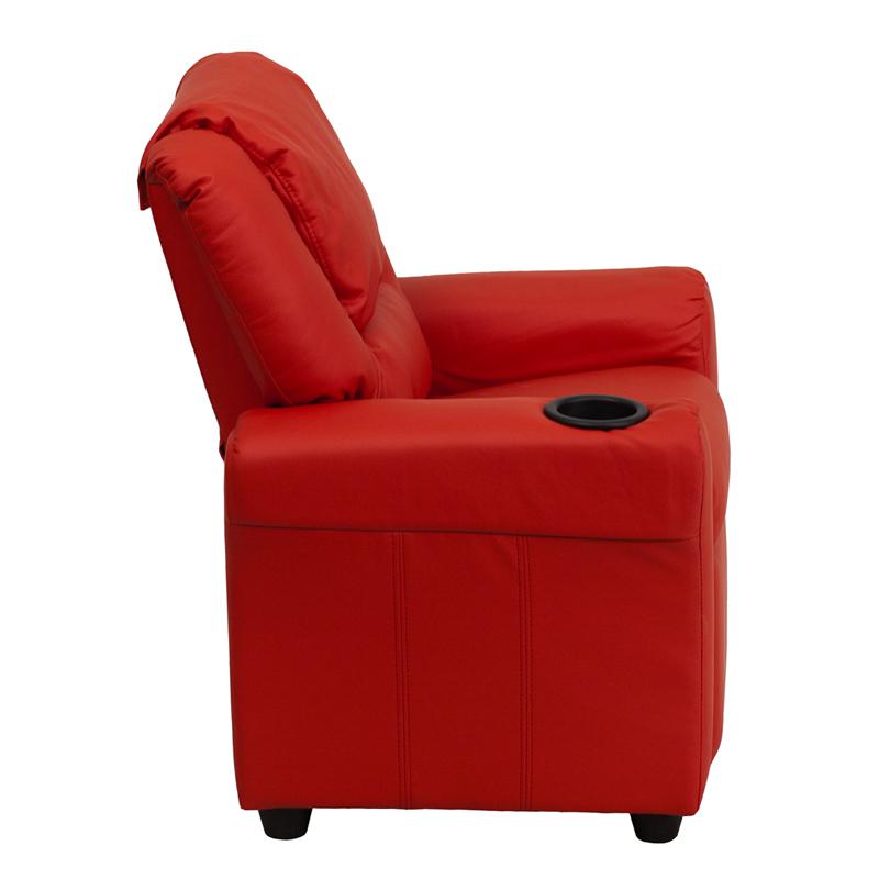 Contemporary Red Vinyl Kids Recliner with Cup Holder and Headrest. Picture 2