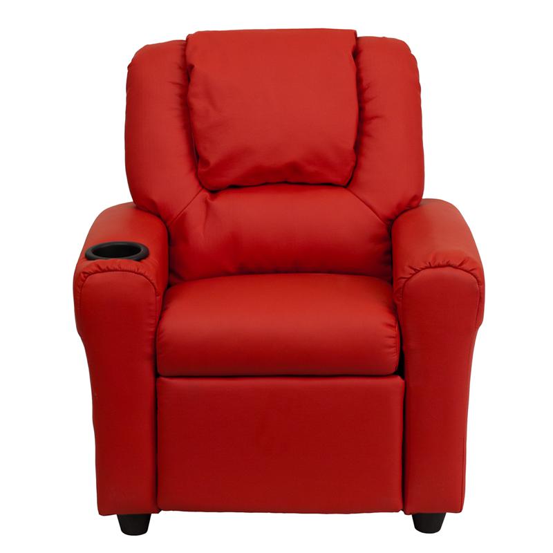 Contemporary Red Vinyl Kids Recliner with Cup Holder and Headrest. Picture 4