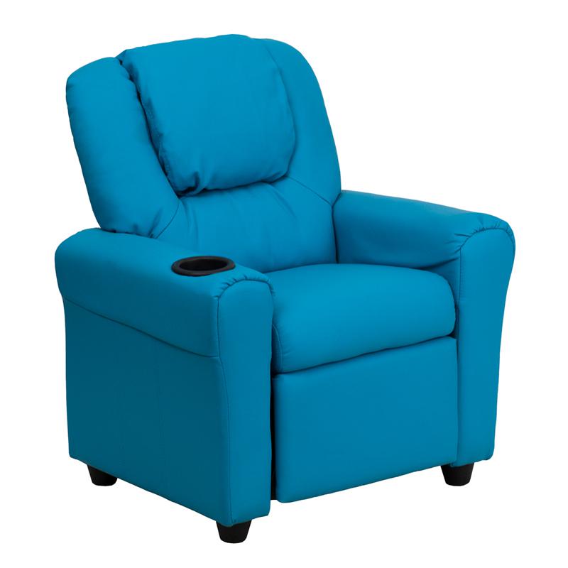 Contemporary Turquoise Vinyl Kids Recliner with Cup Holder and Headrest. Picture 1
