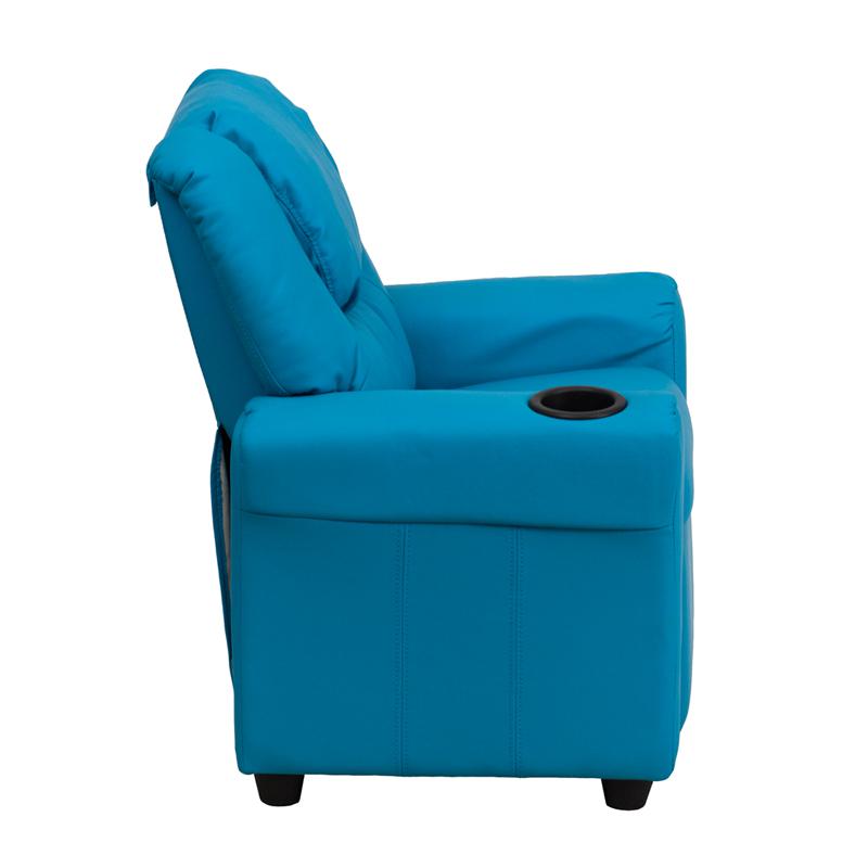 Contemporary Turquoise Vinyl Kids Recliner with Cup Holder and Headrest. Picture 2