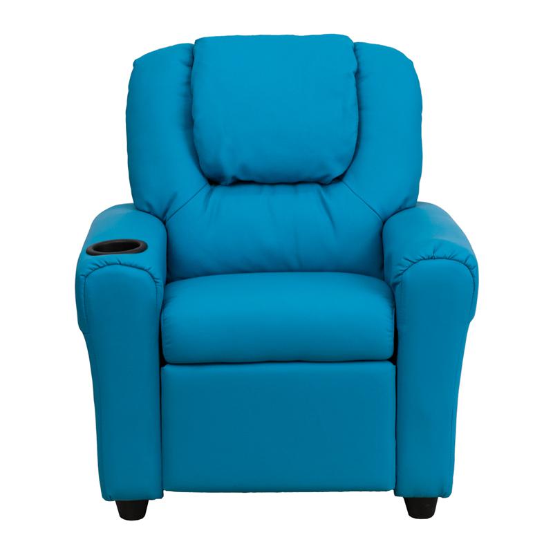 Contemporary Turquoise Vinyl Kids Recliner with Cup Holder and Headrest. Picture 4