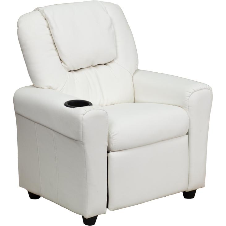 Contemporary White Vinyl Kids Recliner with Cup Holder and Headrest. The main picture.