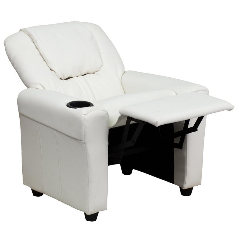 Contemporary White Vinyl Kids Recliner with Cup Holder and Headrest. Picture 5
