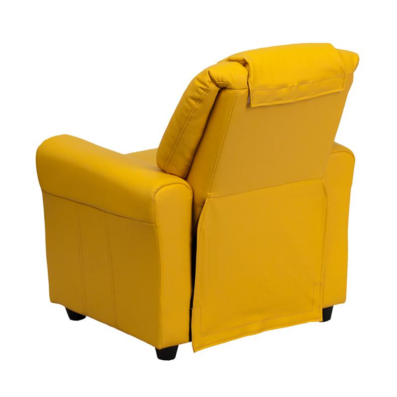 Contemporary Yellow Vinyl Kids Recliner with Cup Holder and Headrest. Picture 3
