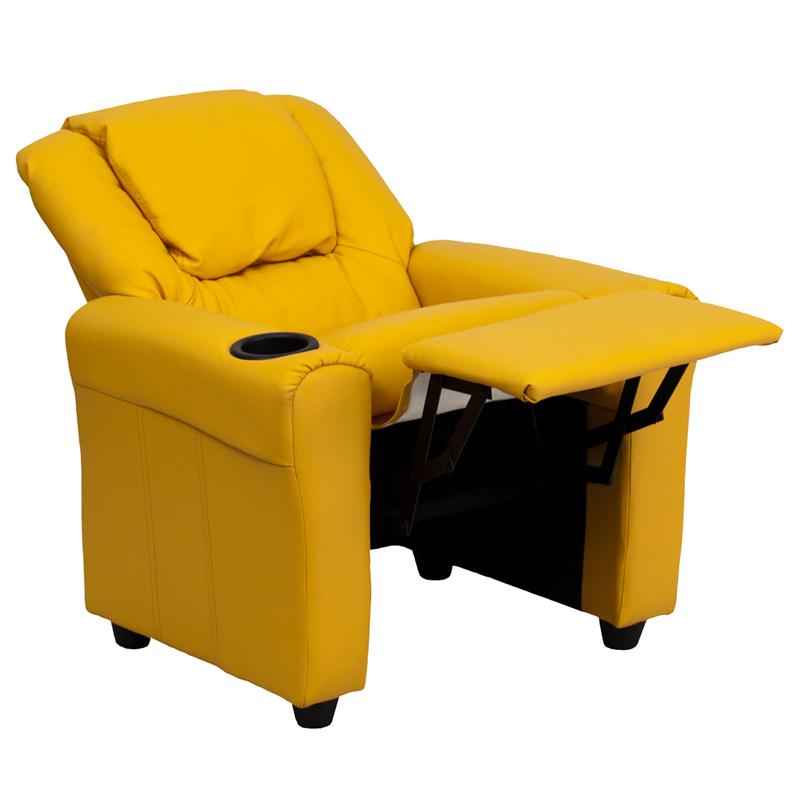 Contemporary Yellow Vinyl Kids Recliner with Cup Holder and Headrest. Picture 5