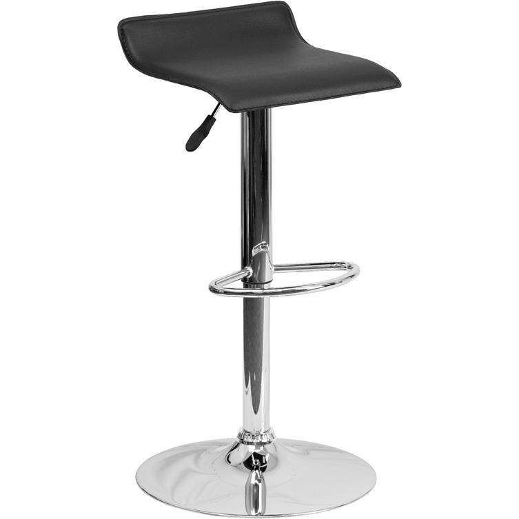 Contemporary Black Vinyl Adjustable Height Barstool with Solid Wave Seat and Chrome Base. The main picture.