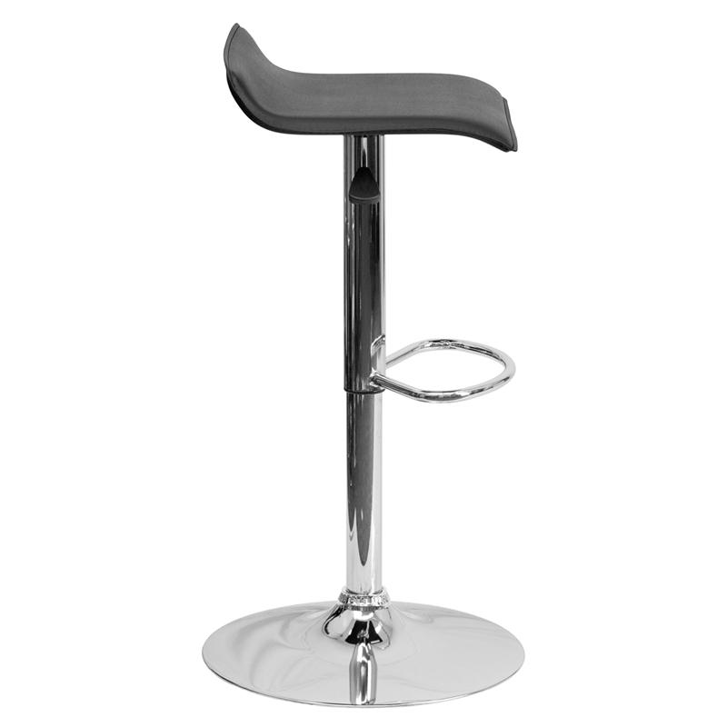 Contemporary Black Vinyl Adjustable Height Barstool with Solid Wave Seat and Chrome Base. Picture 2