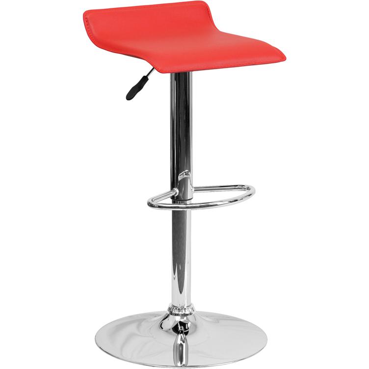 Contemporary Red Vinyl Adjustable Height Barstool with Solid Wave Seat and Chrome Base. Picture 1