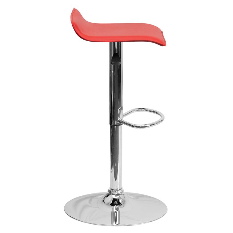 Contemporary Red Vinyl Adjustable Height Barstool with Solid Wave Seat and Chrome Base. Picture 2