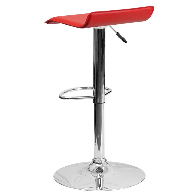 Contemporary Red Vinyl Adjustable Height Barstool with Solid Wave Seat and Chrome Base. Picture 3