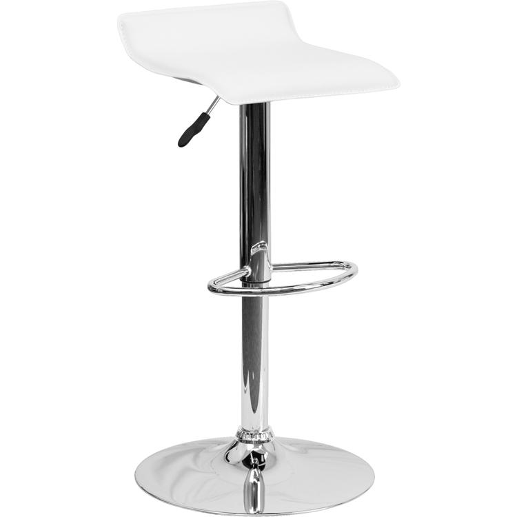 White Vinyl Adjustable Height Barstool with Solid Wave Seat and Chrome Base. Picture 1