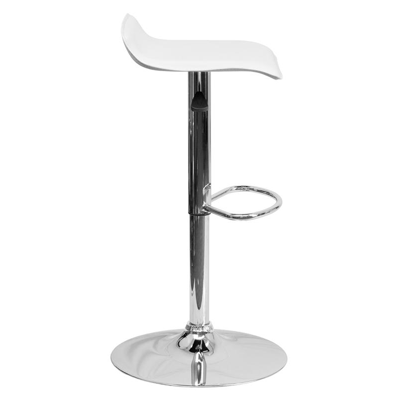 White Vinyl Adjustable Height Barstool with Solid Wave Seat and Chrome Base. Picture 2