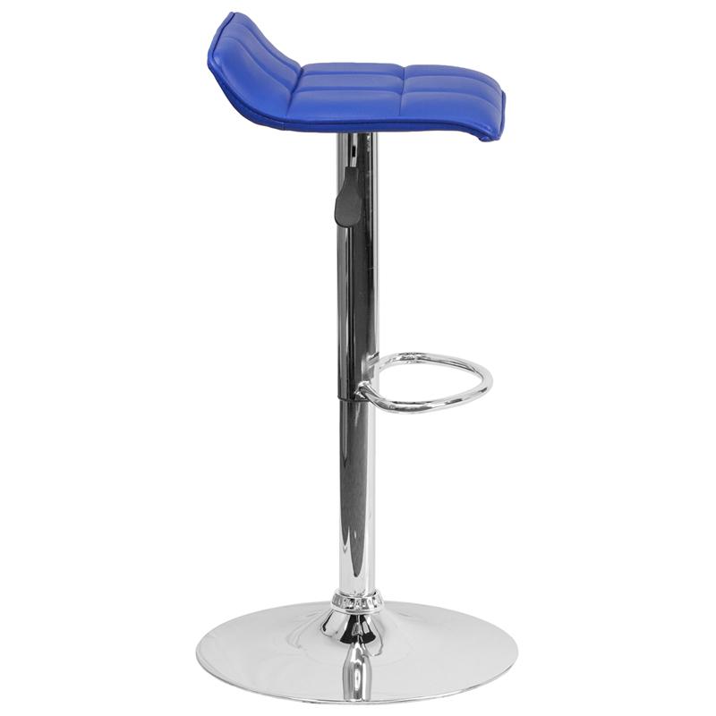 Contemporary Blue Vinyl Adjustable Height Barstool with Quilted Wave Seat and Chrome Base. Picture 2