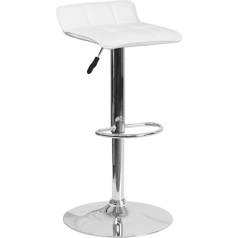 White Vinyl Adjustable Height Barstool with Quilted Wave Seat and Chrome Base. Picture 1