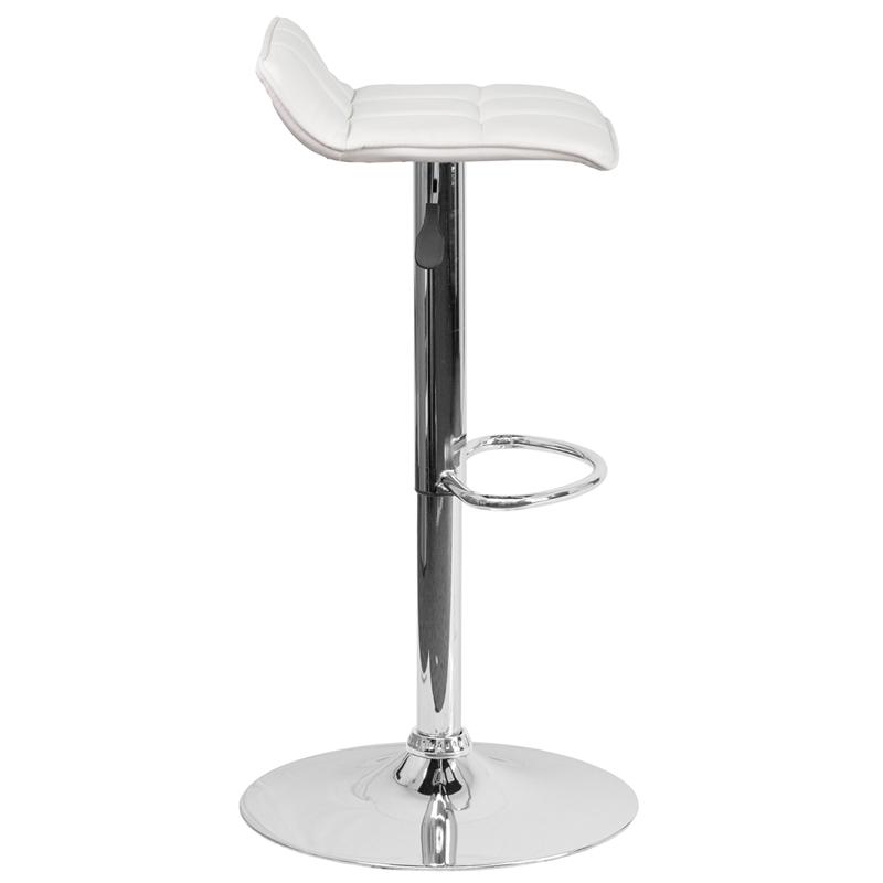 White Vinyl Adjustable Height Barstool with Quilted Wave Seat and Chrome Base. Picture 2