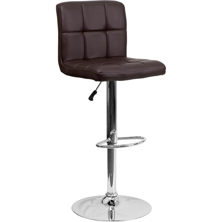 Contemporary Brown Quilted Vinyl Adjustable Height Barstool with Chrome Base. Picture 1