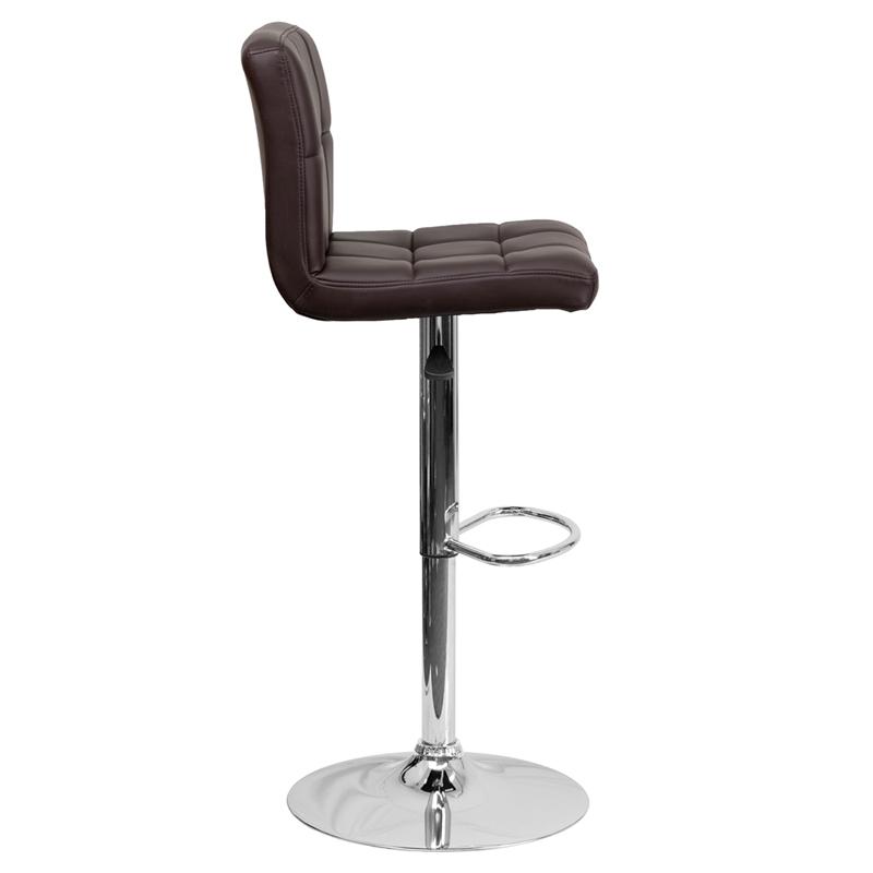Contemporary Brown Quilted Vinyl Adjustable Height Barstool with Chrome Base. Picture 2