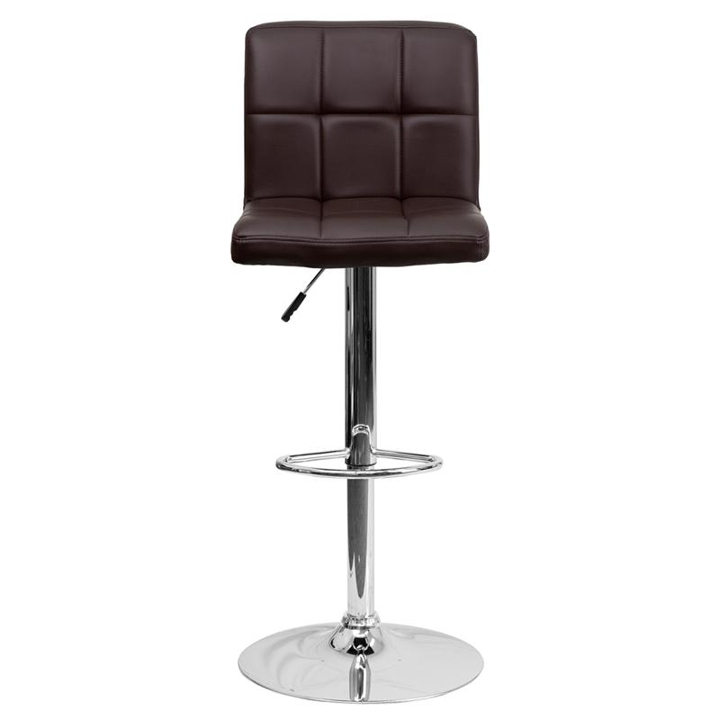 Contemporary Brown Quilted Vinyl Adjustable Height Barstool with Chrome Base. Picture 4