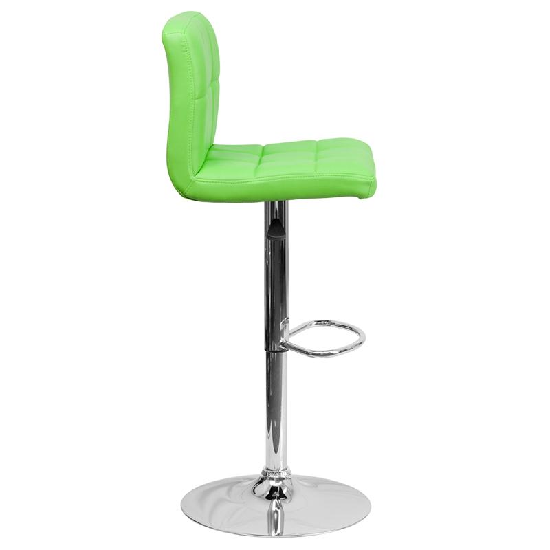 Contemporary Green Quilted Vinyl Adjustable Height Barstool with Chrome Base. Picture 2