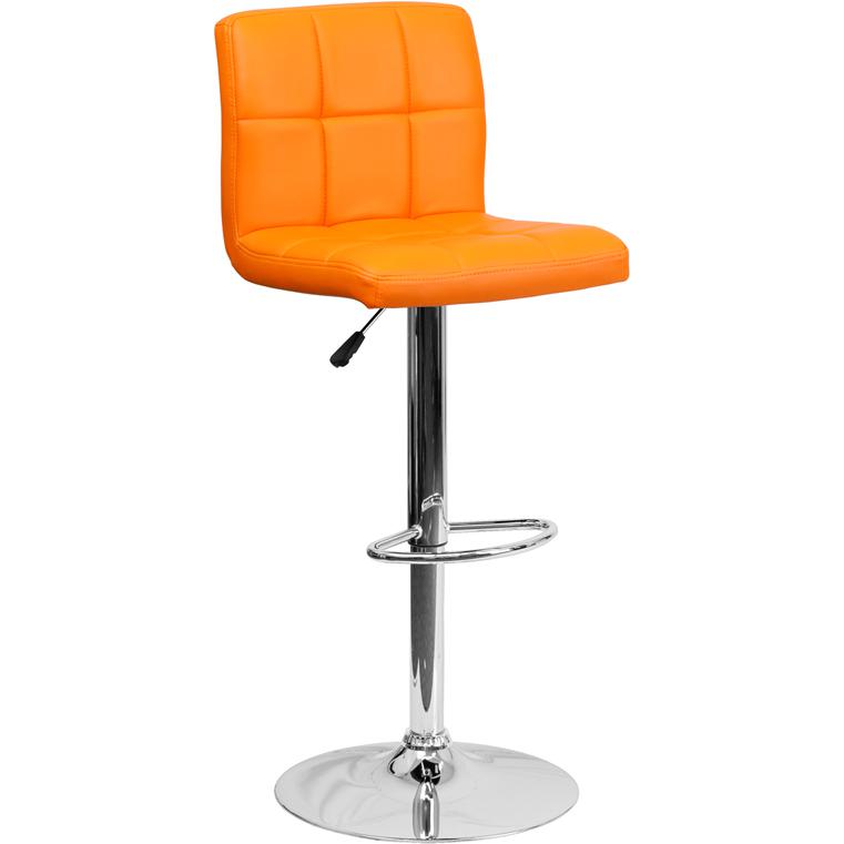 Contemporary Orange Quilted Vinyl Adjustable Height Barstool with Chrome Base. Picture 1