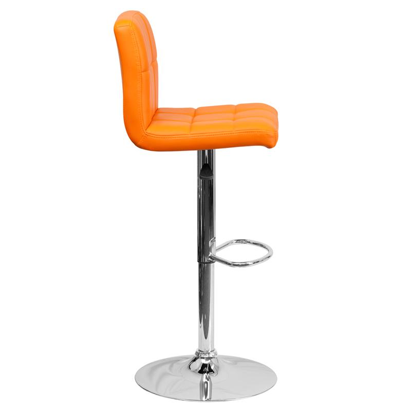 Contemporary Orange Quilted Vinyl Adjustable Height Barstool with Chrome Base. Picture 2