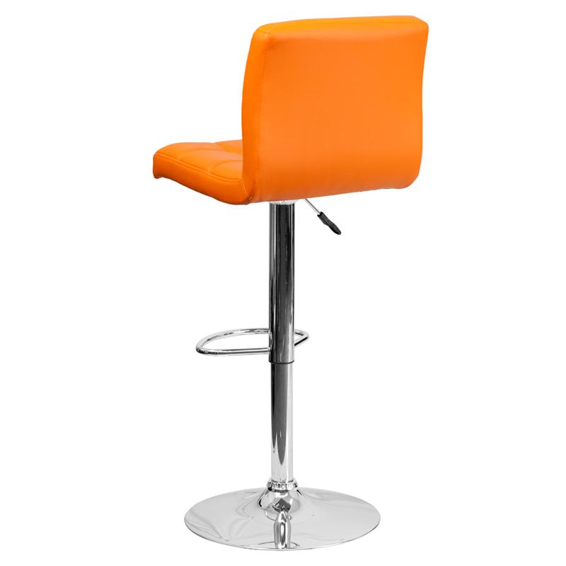 Contemporary Orange Quilted Vinyl Adjustable Height Barstool with Chrome Base. Picture 3