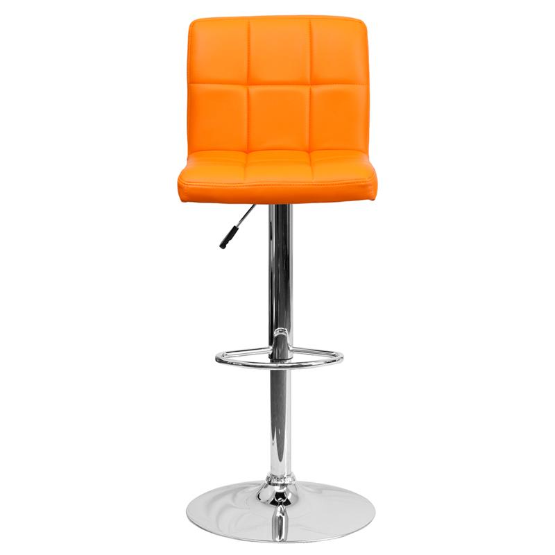 Contemporary Orange Quilted Vinyl Adjustable Height Barstool with Chrome Base. Picture 4