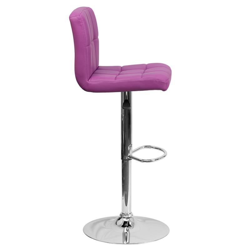 Contemporary Purple Quilted Vinyl Adjustable Height Barstool with Chrome Base. Picture 2