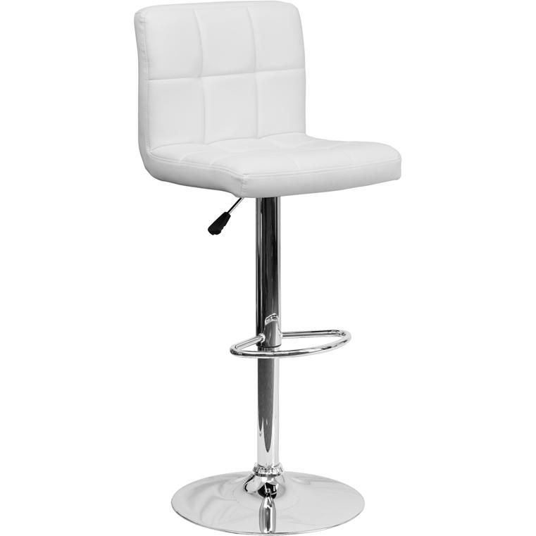 Contemporary White Quilted Vinyl Adjustable Height Barstool with Chrome Base. Picture 1