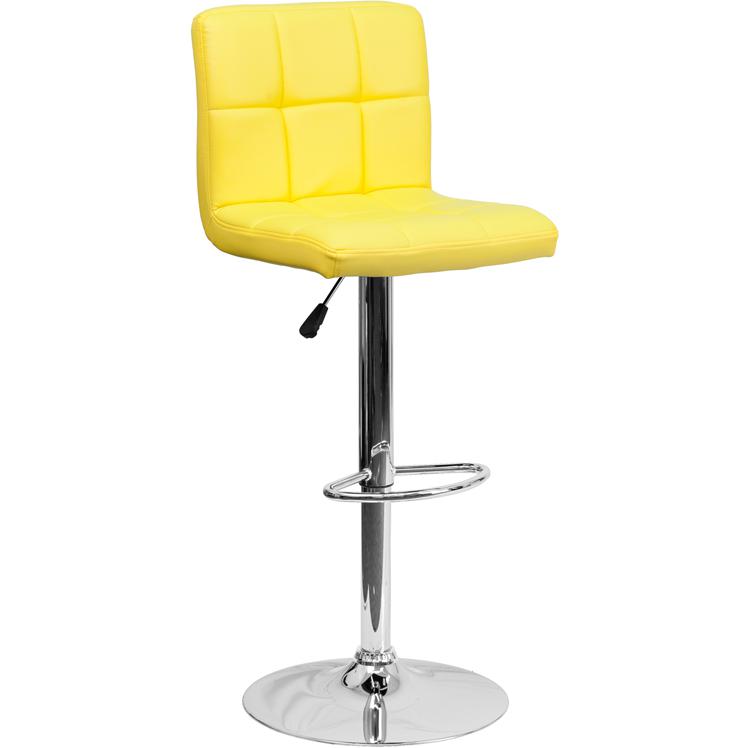 Contemporary Yellow Quilted Vinyl Adjustable Height Barstool with Chrome Base. Picture 1