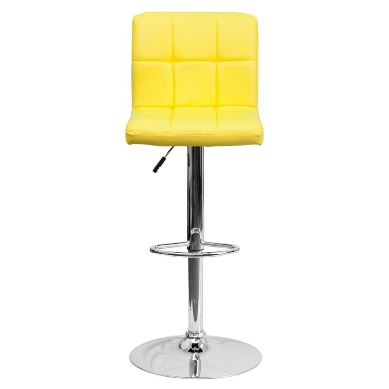 Contemporary Yellow Quilted Vinyl Adjustable Height Barstool with Chrome Base. Picture 4