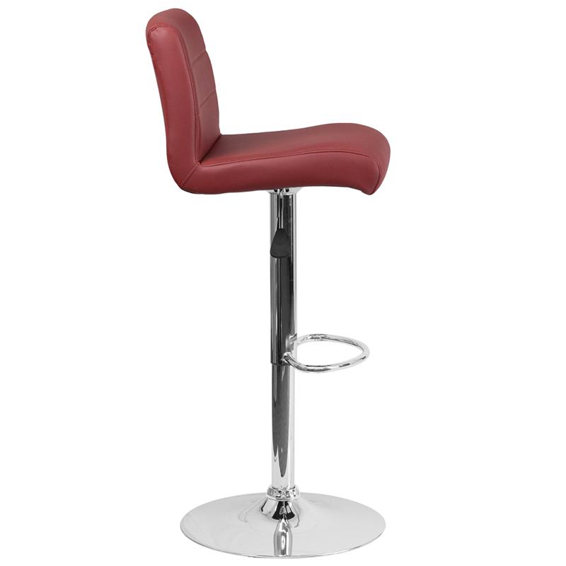 Contemporary Burgundy Vinyl Adjustable Height Barstool with Rolled Seat and Chrome Base. Picture 2