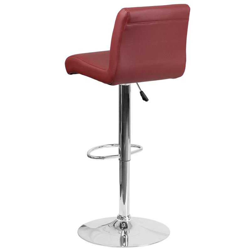 Contemporary Burgundy Vinyl Adjustable Height Barstool with Rolled Seat and Chrome Base. Picture 3