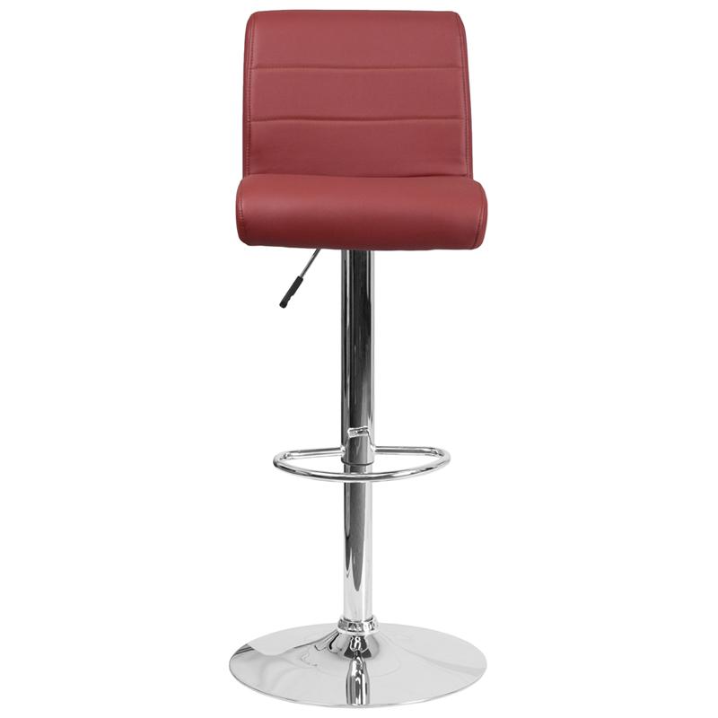 Contemporary Burgundy Vinyl Adjustable Height Barstool with Rolled Seat and Chrome Base. Picture 4