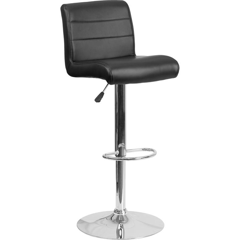 Contemporary Black Vinyl Adjustable Height Barstool with Rolled Seat and Chrome Base. The main picture.
